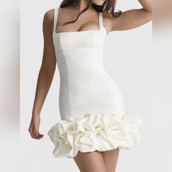 White Ruched Square Neck Sleeve Mini Dress - Picture 2 of 6